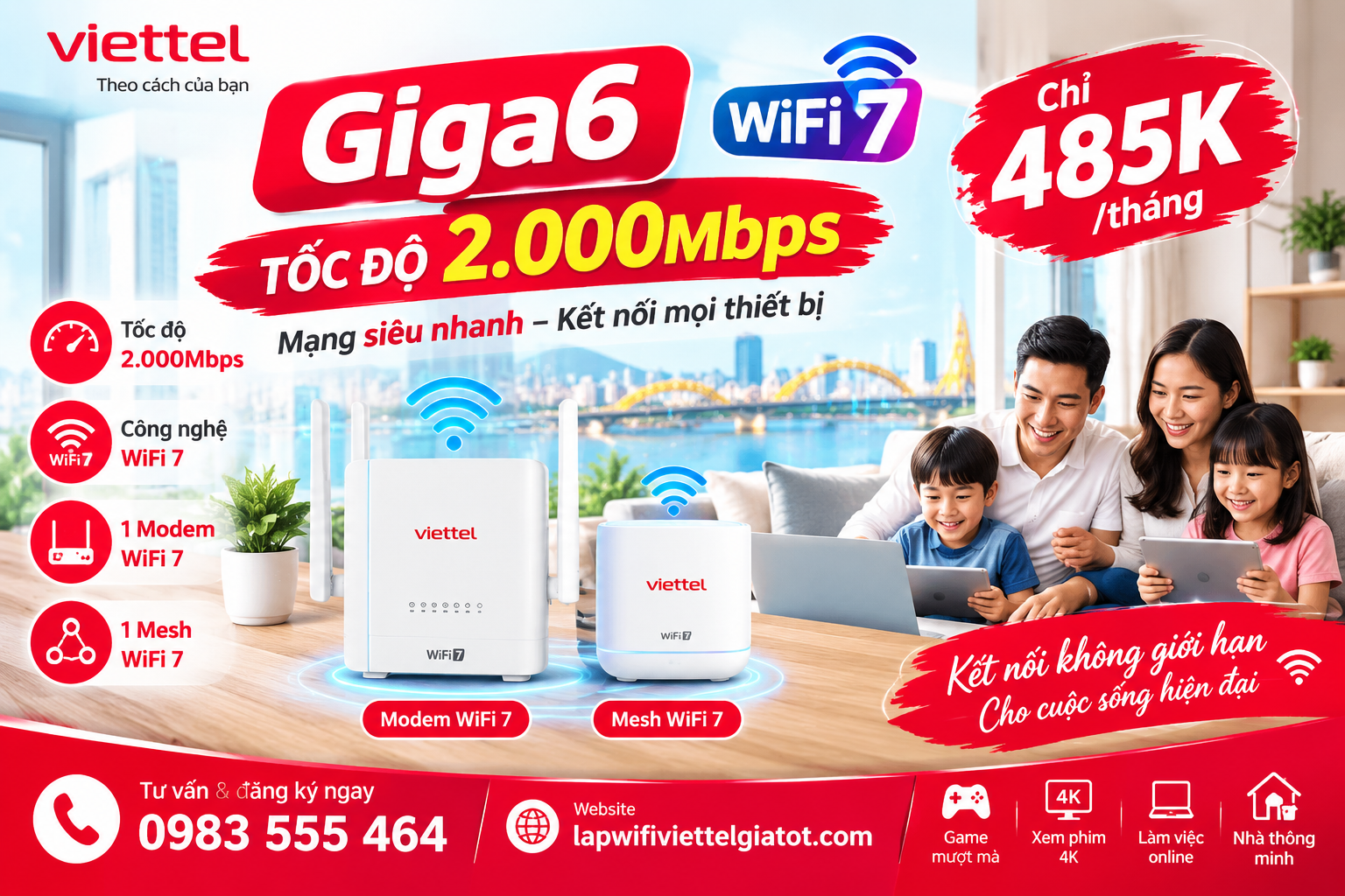 Giga6 WiFi 7 tốc độ 2000Mbps kèm modem WiFi 7 và Mesh WiFi 7 giá 485K tháng
